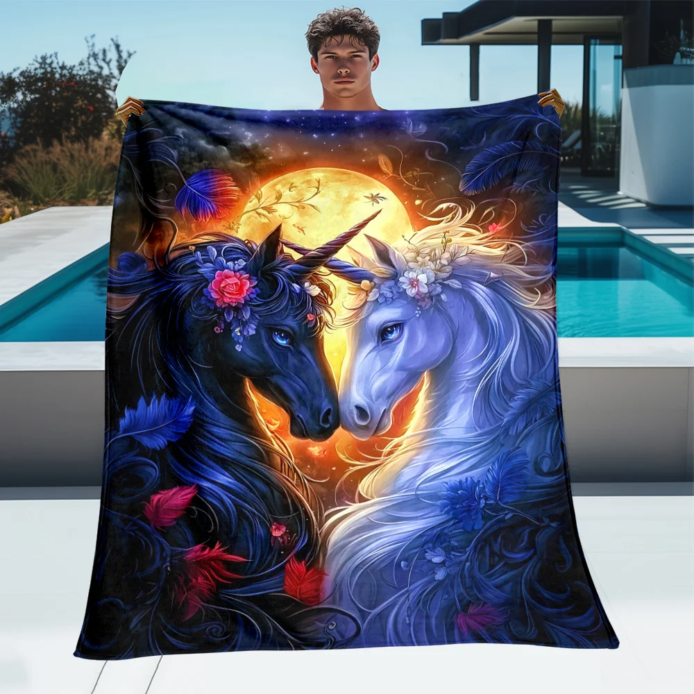 Black And White Unicorns Moonlight Floral Art Flannel Blanket Romantic Fantasy Couple Design Soft Fleece Throw For Couples