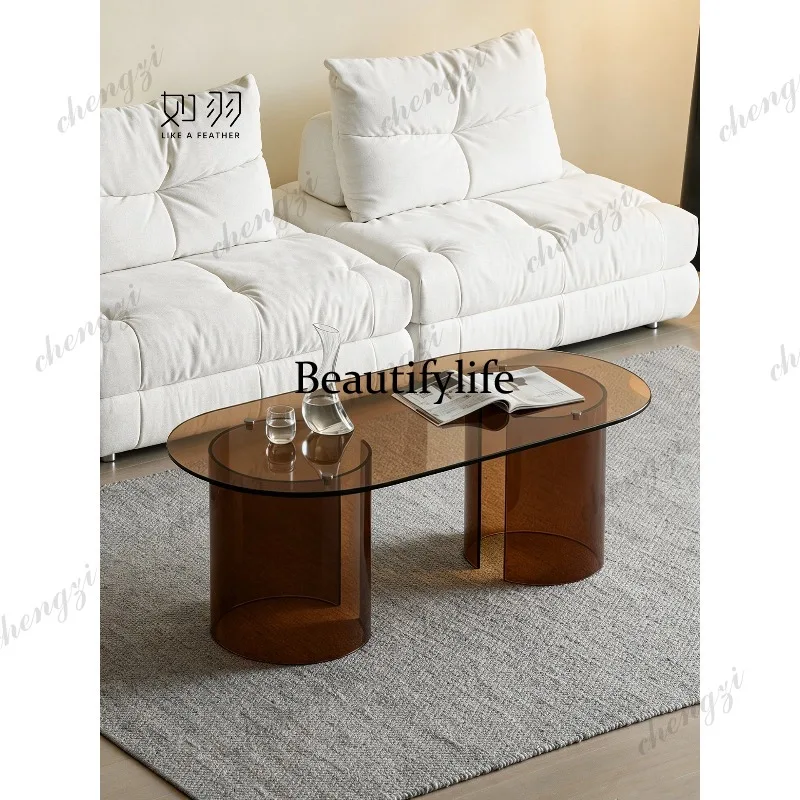 Mocha glass coffee table antique small apartment living room household oval