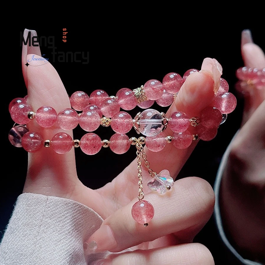 Simple Temperament Double Circle Strawberry Crystal Bracelet Female Summer White Crystal Lucky Beads Butterfly Tassel Jewelry