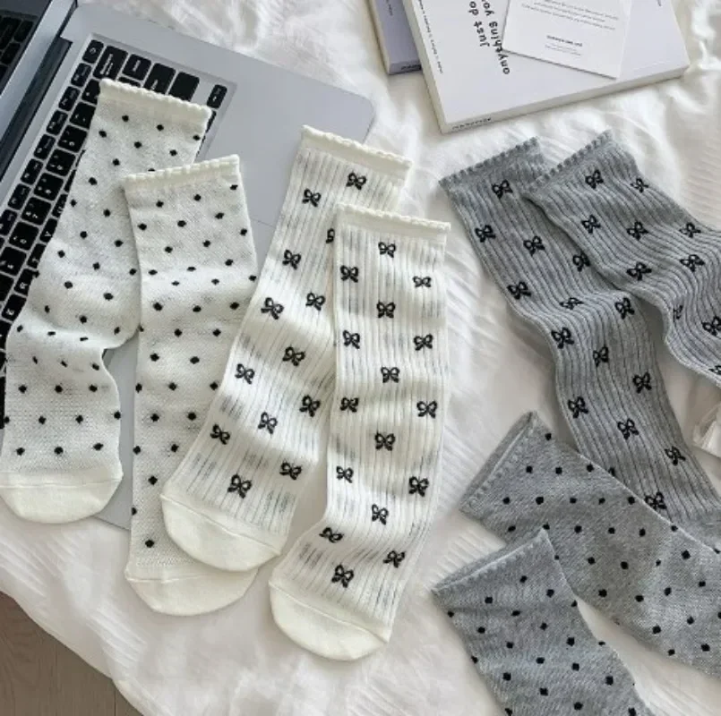 1/4pairs Thin Breathable Summer Women Bow Socks Korean Fashion Solid Color Loose Long Socks Japan School Girls Grey White Socks image 6