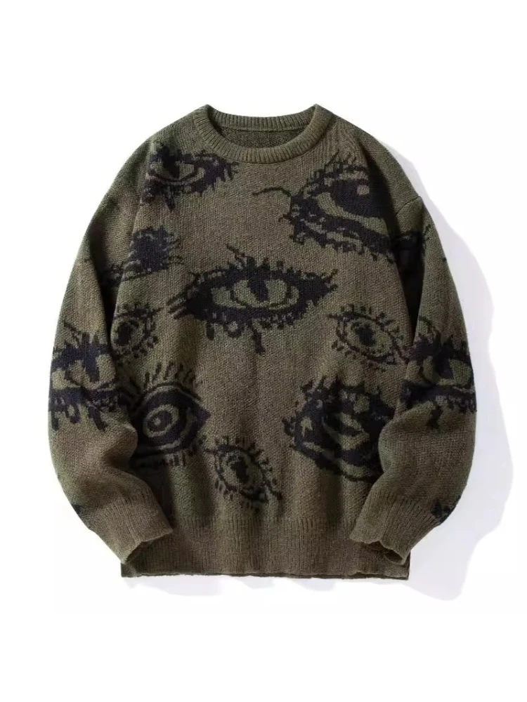 

Personalized Fall Winter Unisex Warm Soft Round Neck Long Sleeve Loose Fit Knit Sweater Jacquard Eye Pattern Pullover Top