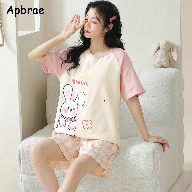 New Summer Woman Pajama Soft Faux Cotton Pyjamas Short Sleeved Plaid Pants Pajama Korean Kawaii Rabbit Print Home Wear