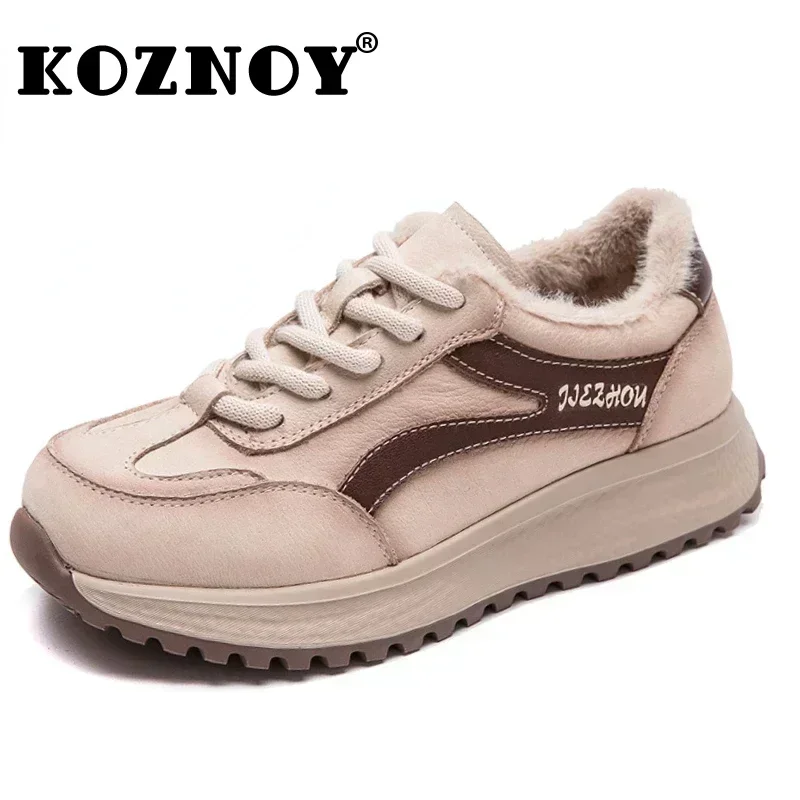 Koznoy 3.5cm Genuine Leather Women Platform High Brand Winter Plush Spring Autumn Vulcanize Flats Chunky Sneakers Loafer Shoes