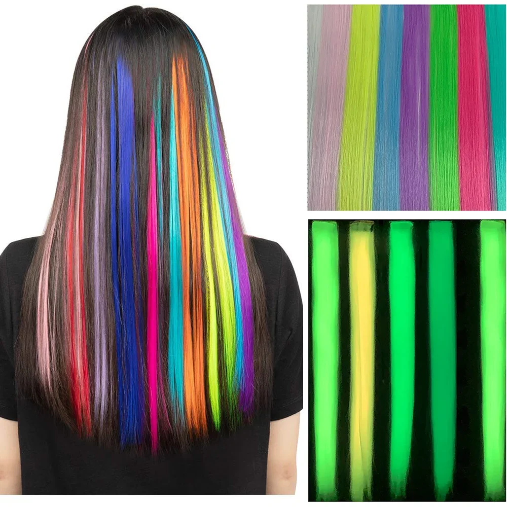 10 pcs Glow in The Dark Hair Extensions Clip Synthetic Wigs Luminous Colored Hairpieces Party for DIY Women Kids Girls