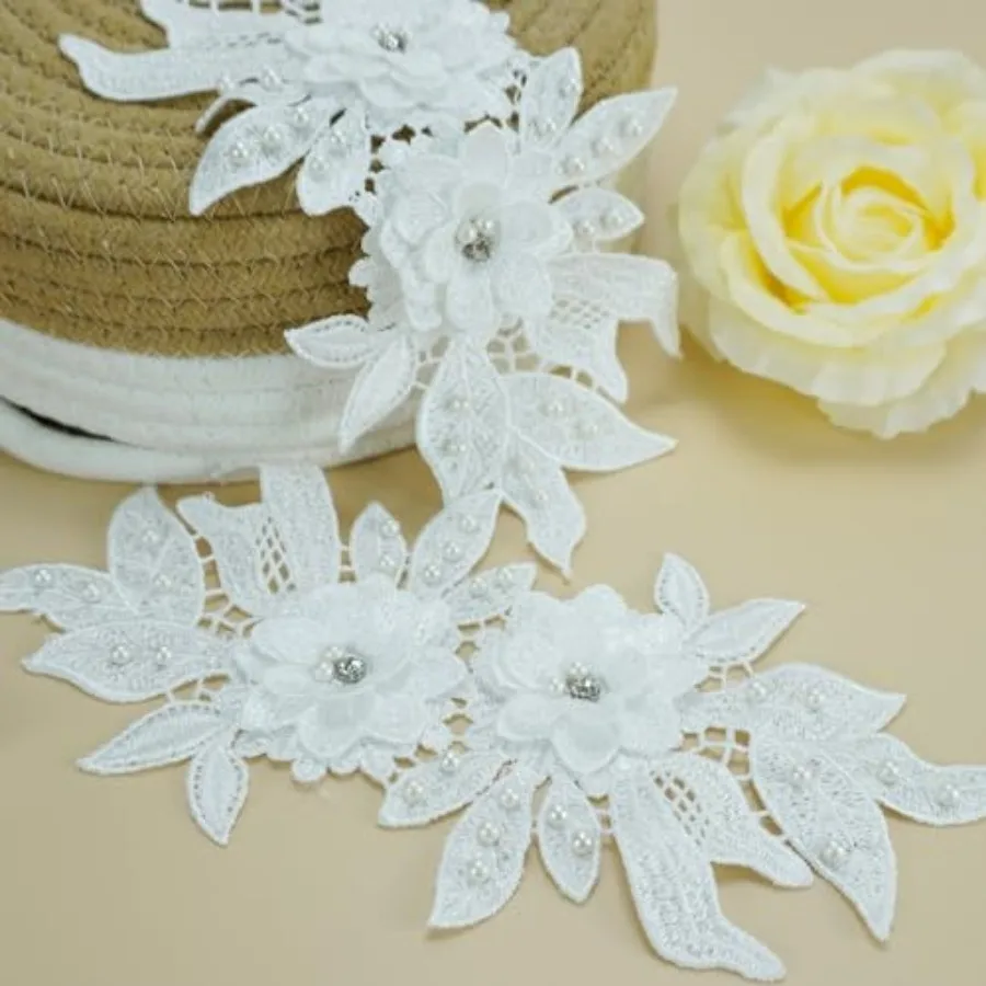 2 Pieces 3D Lace Beads Flower Embroidered Patches Pair of Sequin Lace Sewing On Appliques for Wedding Dress Collar Decor DIY Cr view 2