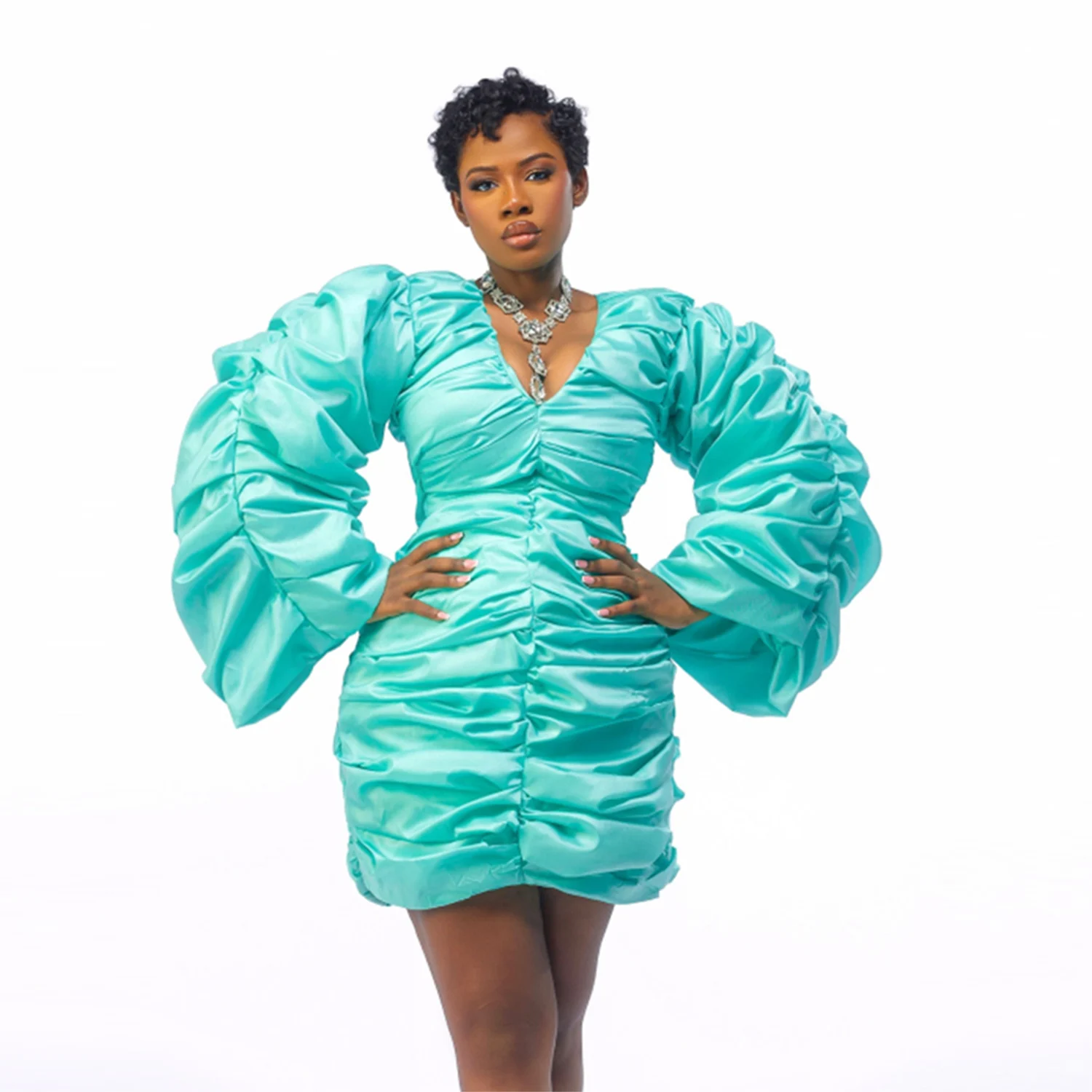 

Бирюзовое вечернее платье с V-образным вырезом, драпировкой, длинными рукавами, облегающее, выше колена, для африканских женщин, для торжественных мероприятий