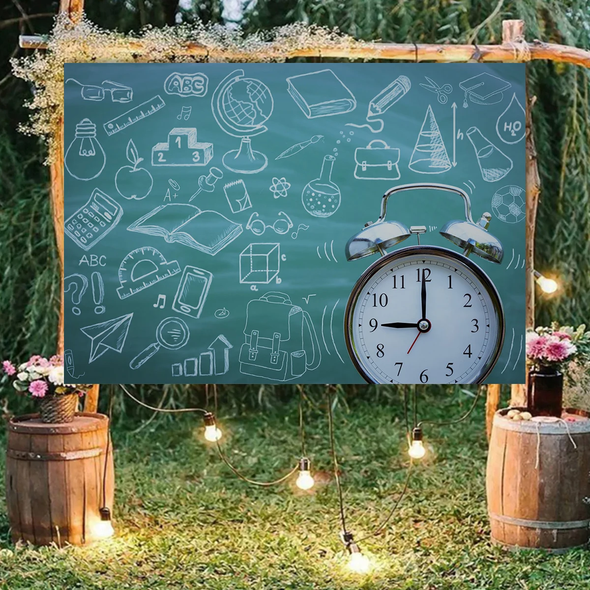 Back To School Welcome Party Theme Clock Blackbord Darwing School Supplier Background  Ceremony  Decoration photograpy