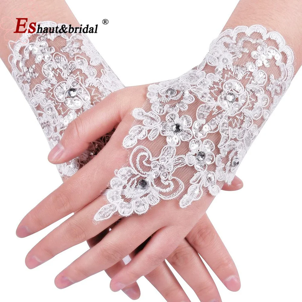 Guantes de novia de diamantes de imitación sin dedos de encaje de párrafo corto de marfil elegante de alta calidad, accesorios sexys para fiesta de boda