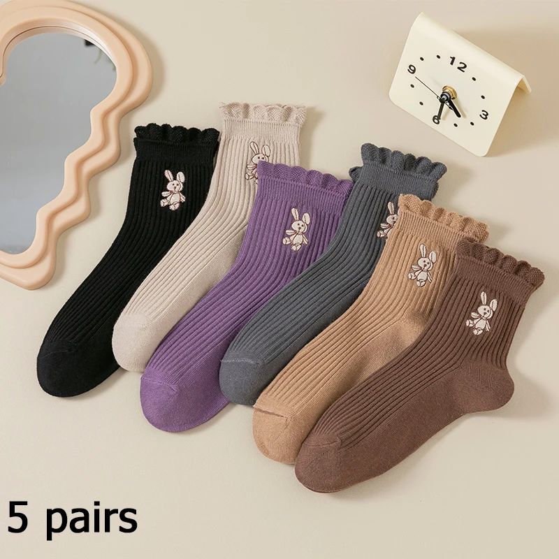 

5pairs Women's autumn and winter Japanese style lace embroidery rabbit mid-calf socks