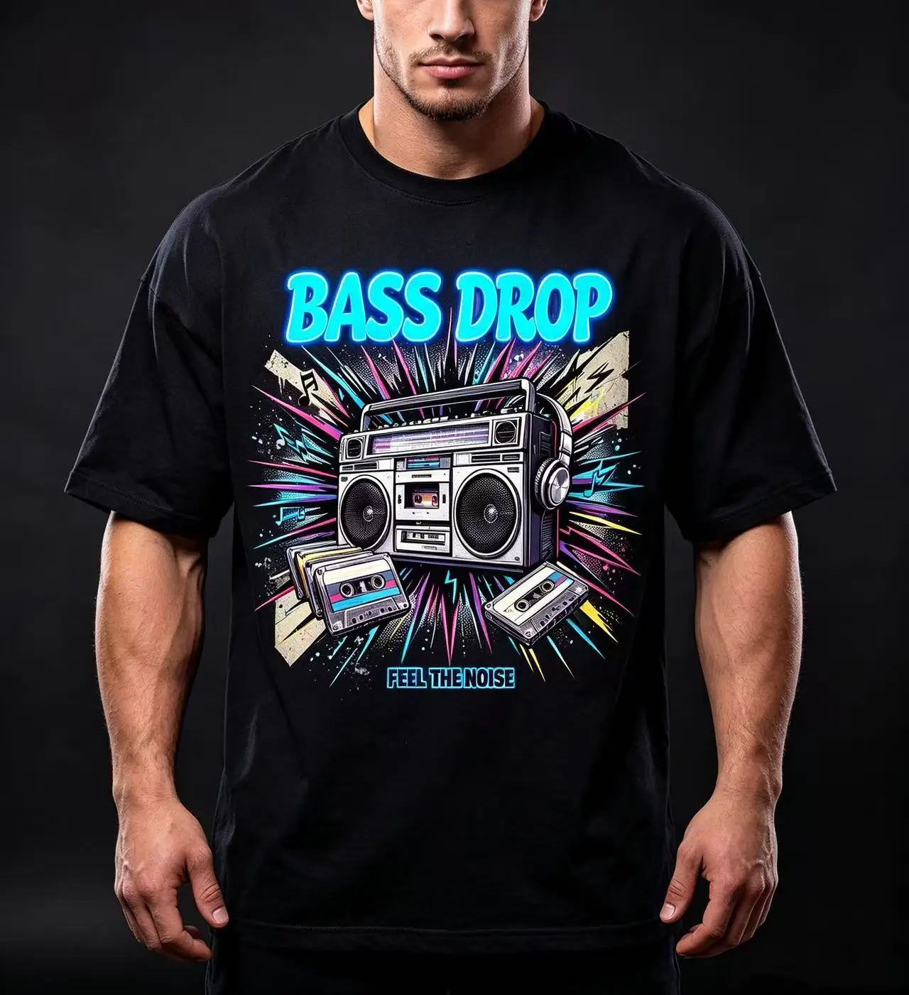 Unisex Bass Drop Retro Boombox Cassette Tape Music Graphic T Shirt Men Women Colorful Splash Graffiti Print Oversized Crew Neck Hip Hop Cotton Tee