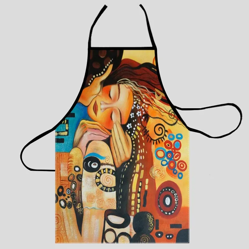 Art Kiss Gustav Klimt Kitchen Apron Dinner Party Cooking Apron Adult Baking Accessories Waterproof Fabric Printed Cleaning Tools