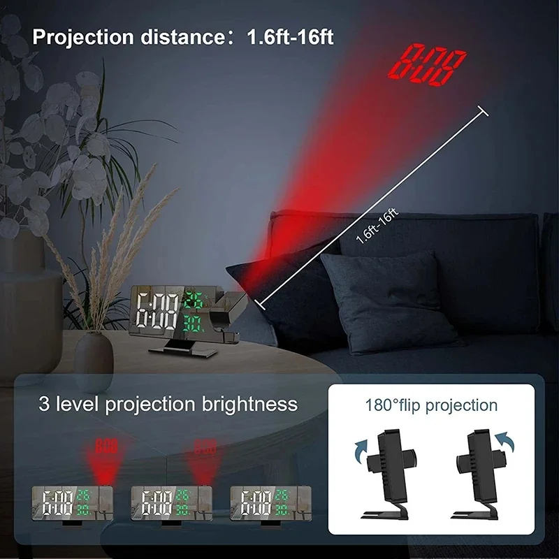 LED Digital Alarm Clock Projection Clock Projector Ceiling Clock with Time Temperature Display