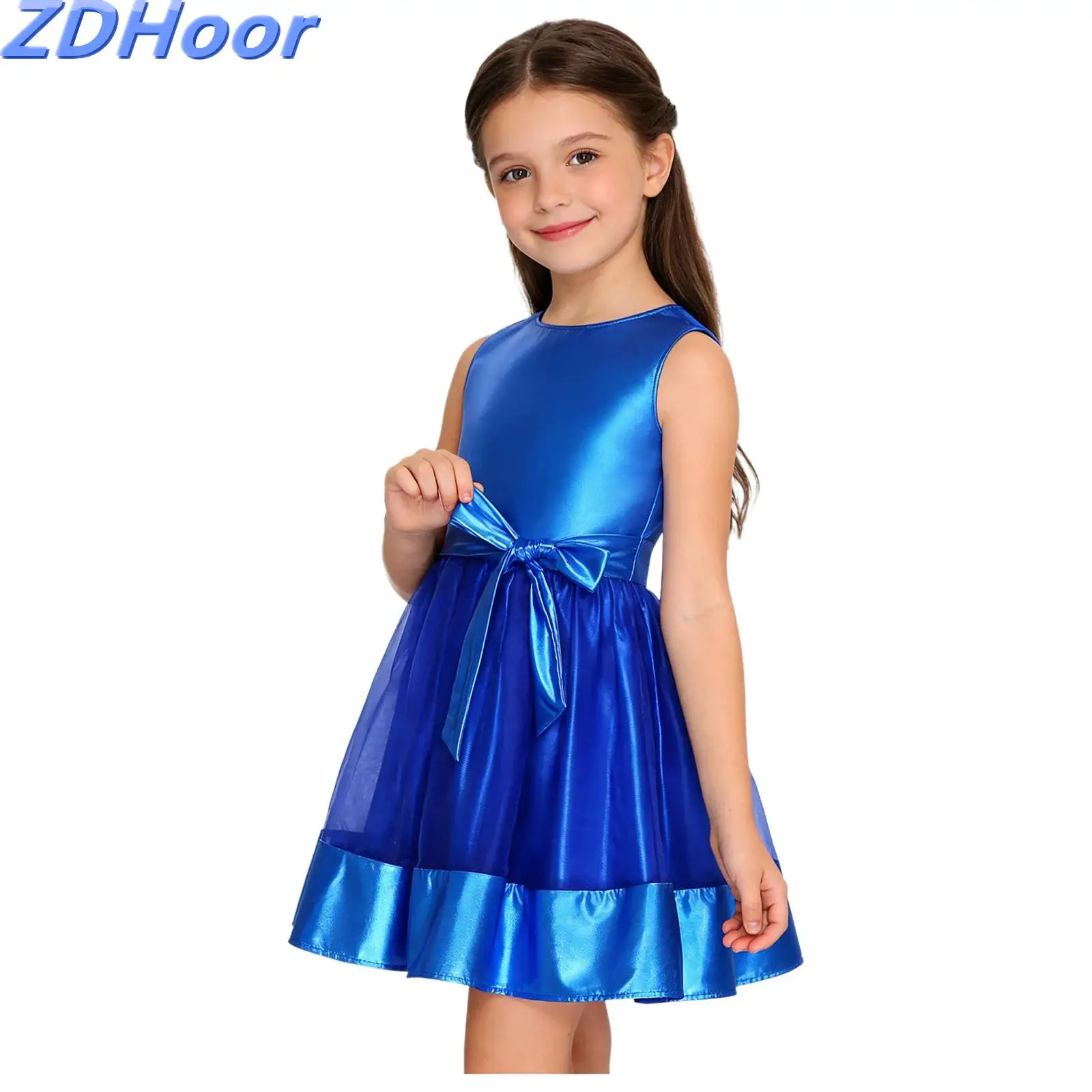 

Kids Girls Metallic Shiny Party Dress with Sash Sheer Mesh Hem Sleeveless A-line Tank Dress Party Gown for Wedding