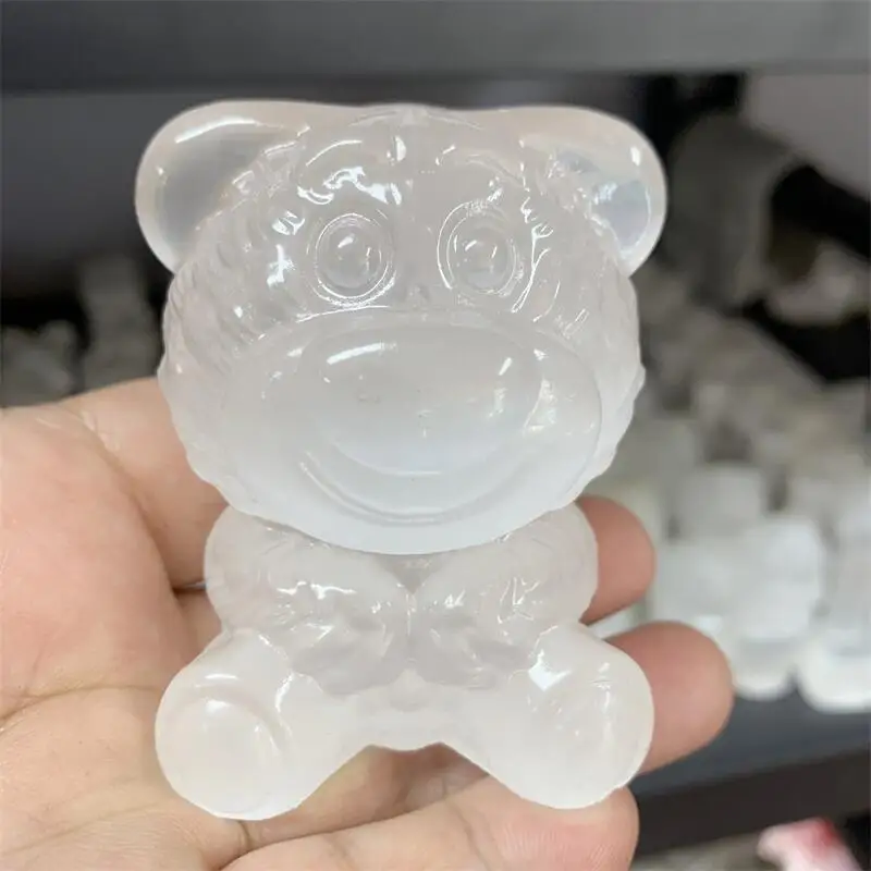 Natural Selenite Cartoon Bear Carving Crystal Healing Stone Creative Holiday Gifts For Kids Home Decor 1pcs