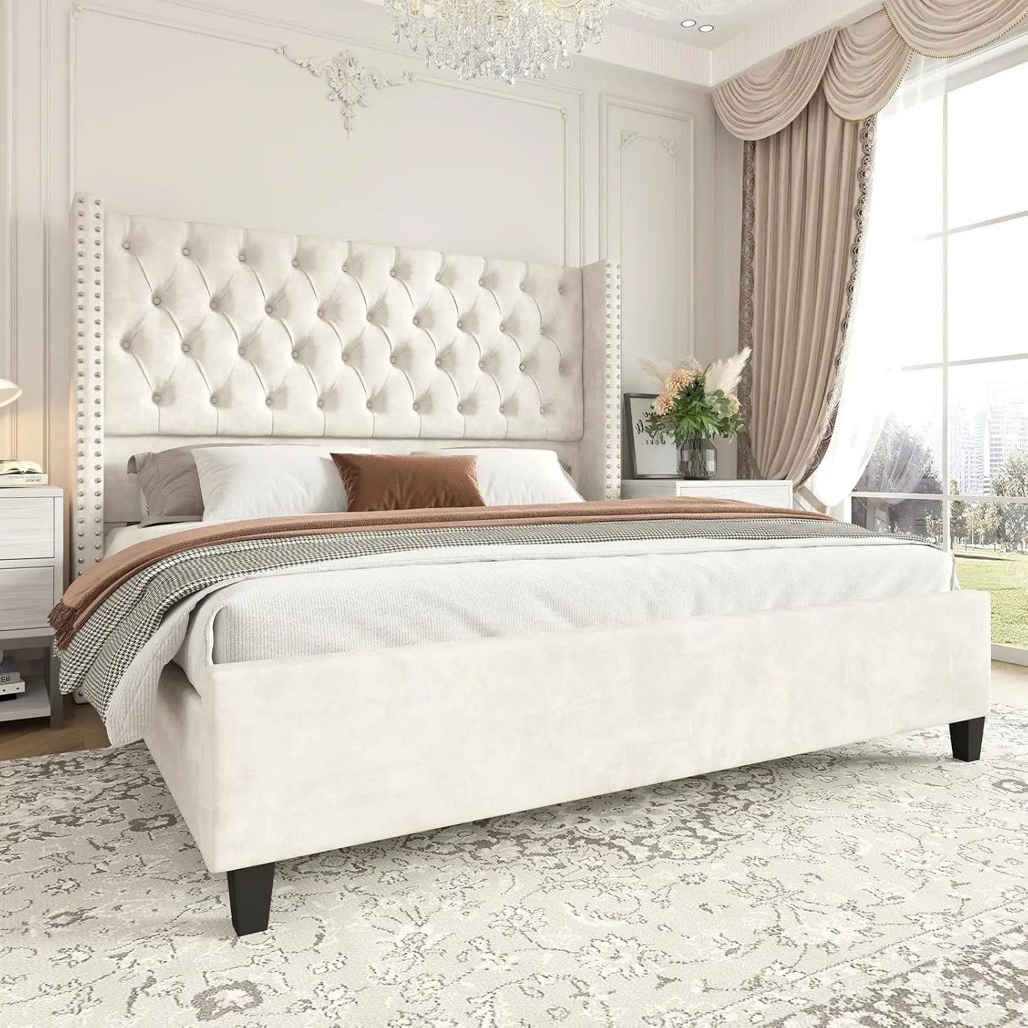 Velvet Upholstered King Platform Bed 51.6