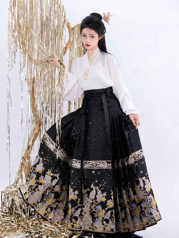 Mamianqun-falda de cara de caballo para mujer, Falda plisada tradicional de estilo chino Hanfu, ropa moderna, tejido dorado, tela ligera y fina