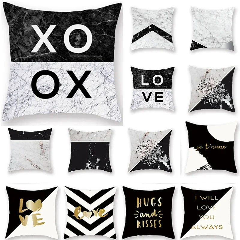 45x45cm Modern Marble Black and Gray Pillowcase Letter Print Pillow Cover Car Throw Pillows Outdoor Home Sofa Cushion Cover