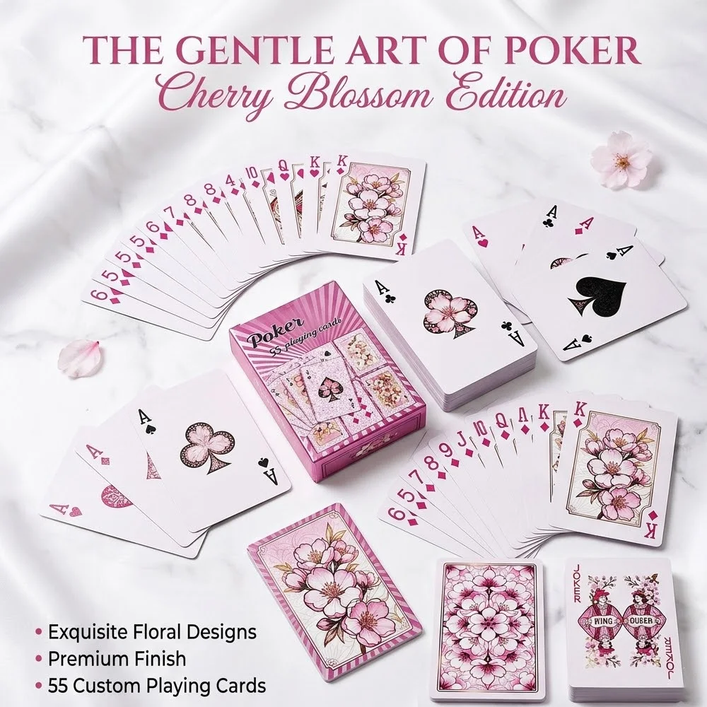 55-card set of pink cherry blossom playing cards, PVC waterproof cards (8.7 x 5.7 cm), floral art party board game cards