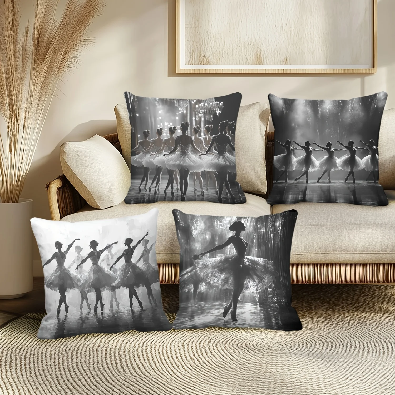 Chic Set of 4 Printed Dancers Ballet Art Throw Pillow Covers Cushions Home Decor Aesthetic Tapestry Print Pillow Cases for Moder
