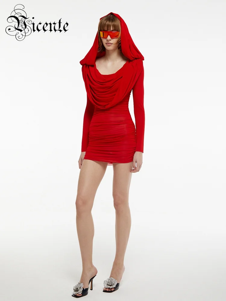 

VC Red Christmas Dress Women Sexy Swinging Collar Hooded Pleated Long Sleeves Slim Mini Dress Fashion Party Runway Wear