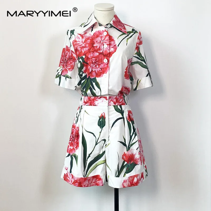 MARYYIMEI Summer Women\'s Turn-down Collar Cotton Playsuits Elastic Waist Slim Carnation Print Cotton Short Jumpsuit