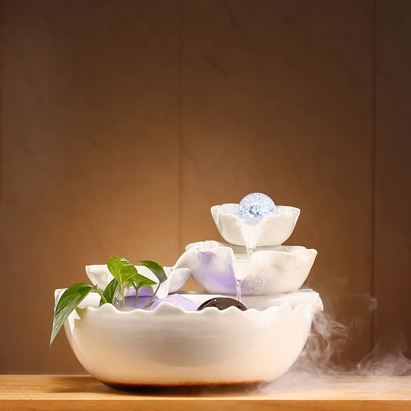 Resin Lotus Fountain Waterfall Tabletop Water Feature Home Decor Feng Shui Wealth Pearl Decoration
