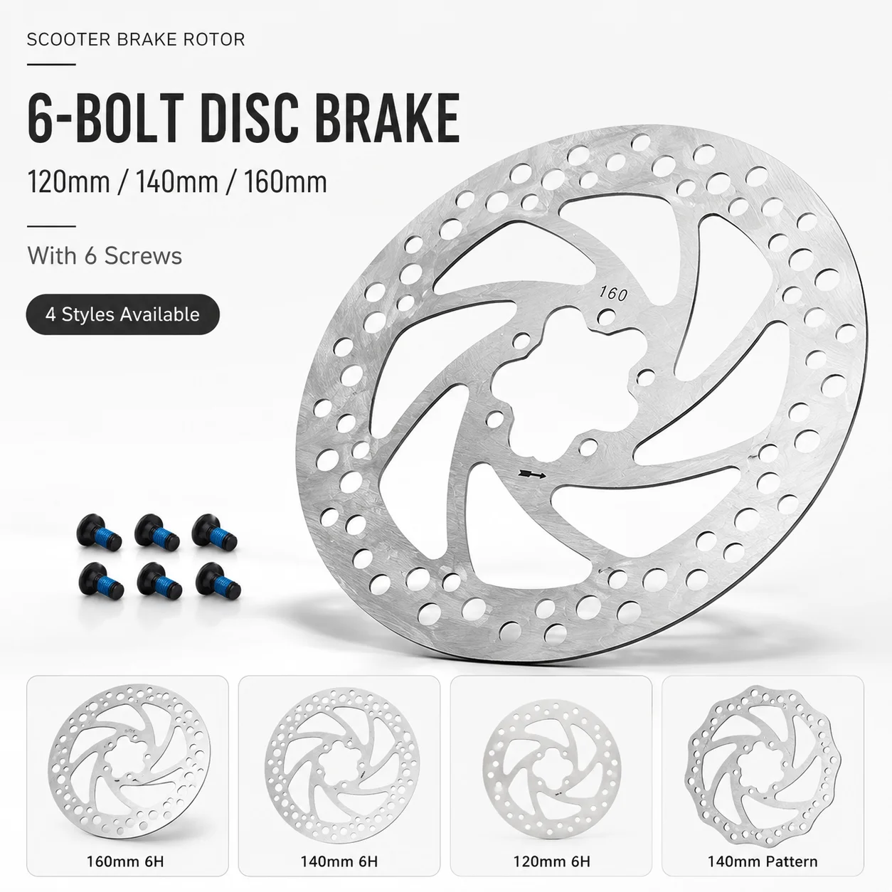 Universal 6-Bolt Scooter Brake Disc Rotor 120mm 140mm 160mm with 6 Screws Replacement Brake Plate Parts