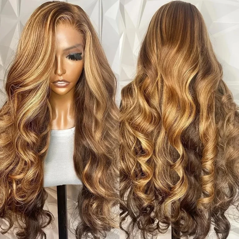 New wig, European and American style, brown highlights, curly hair, big waves, piano color