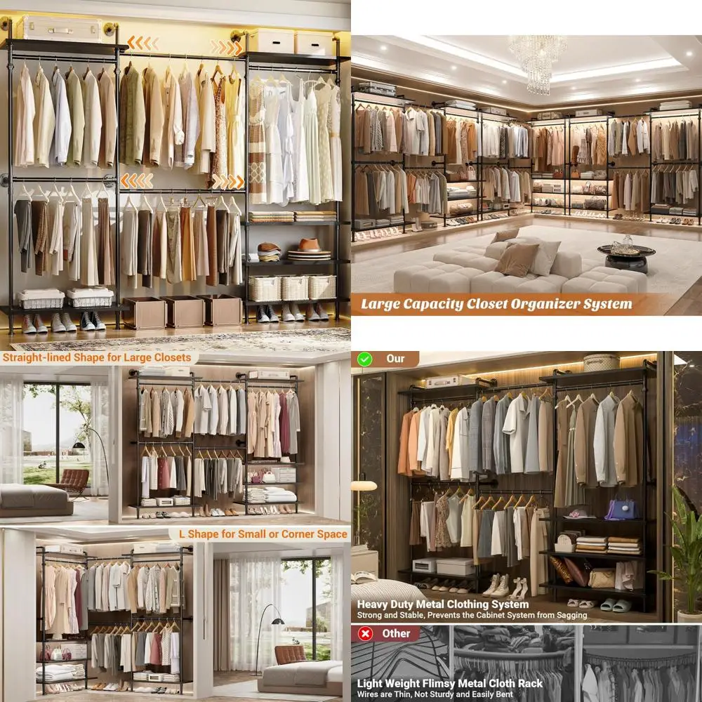 

Expandable Hanging Garment Rack with Wood Shelves, Wall-Mounted Closet System for Clothing Organization