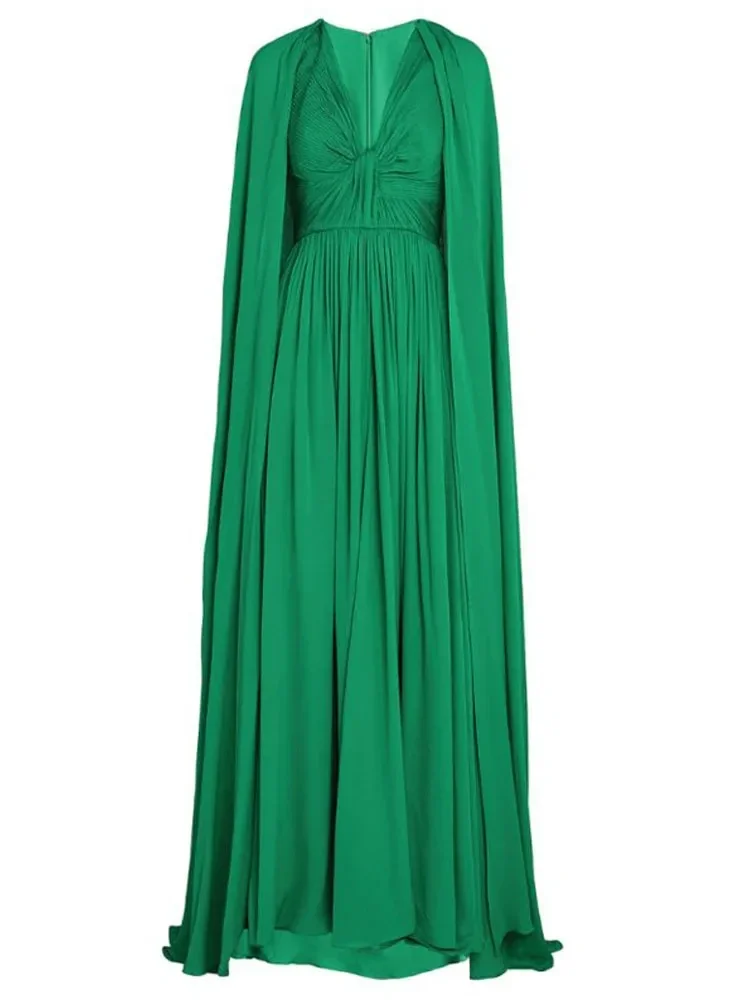 VKBN-Loose Green Maxi Dress for Women, High Waist, V-neck, Long Sleeve, Evening Dresses, Fashion, Spring, Autumn, New, 2024