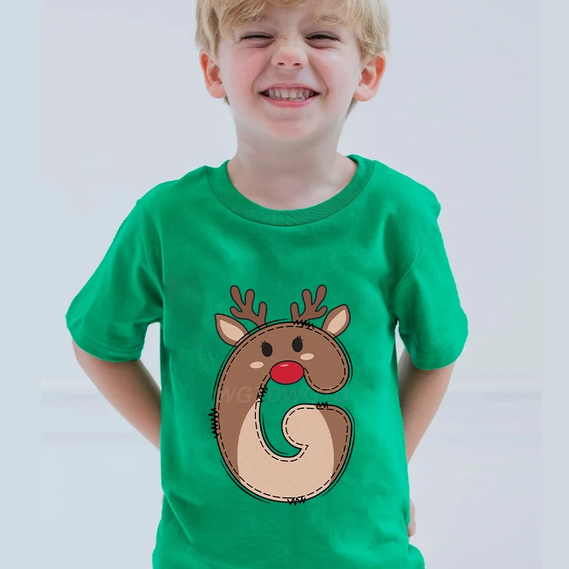

Cotton Short Sleeve Christmas Tops Cartoon Elk Alphabet Crewneck T-shirts Y2K Boys Girls Merry Christmas Casual New Year Tshirt