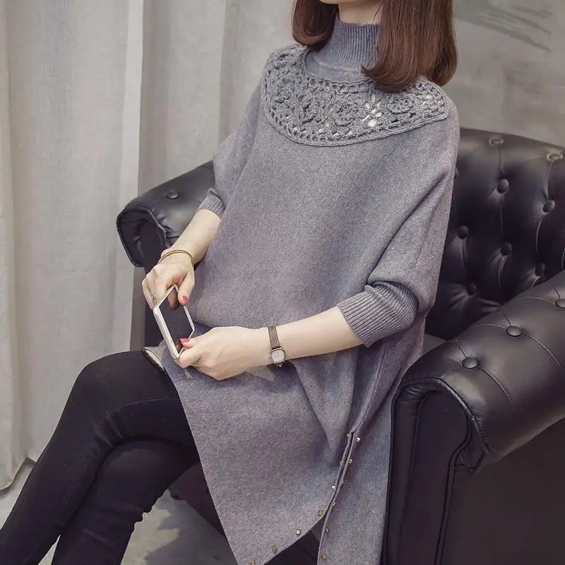 4 Stil Frauen Strick mantel aushöhlen schwarz grau gestrickt Pullover Mode lose Fledermaus Ärmel High Neck Poncho Pullover Strickwaren