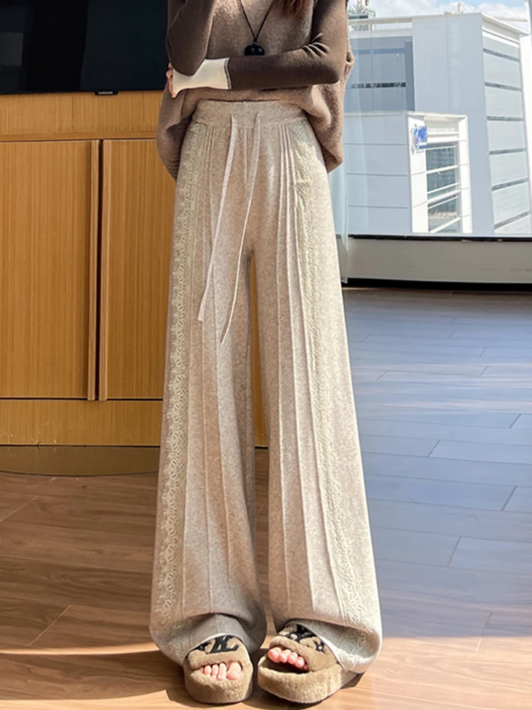 Spodnie damskie z wysokim stanem, koronkowe, dzianinowe, z szerokimi nogawkami, codzienne, proste, jesienno-zimowe, nowe, uniwersalne, wygodne.