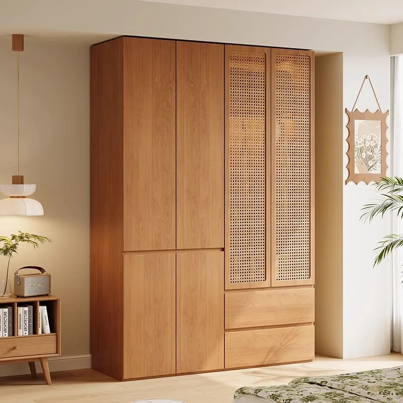 All solid wood wardrobe, oak Japanese style wooden rattan craft cabinet door segmented free handle wardrobe