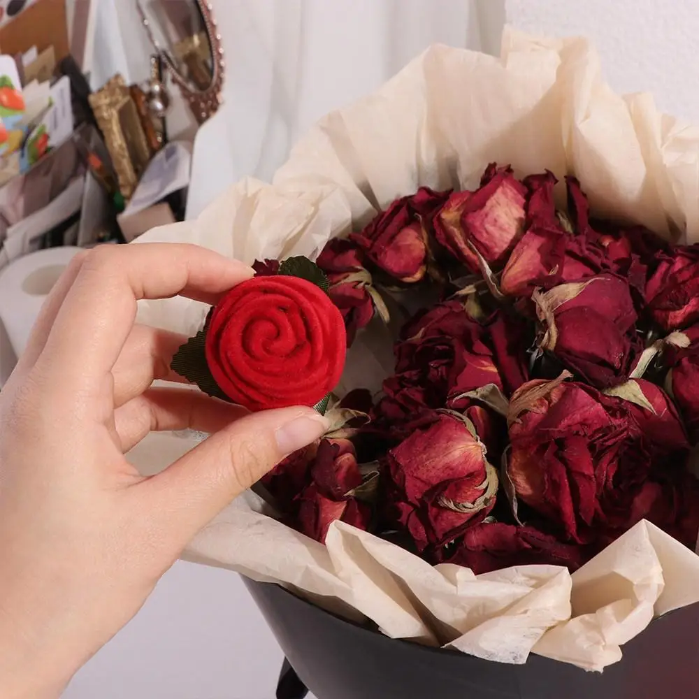 Red Flower Stem Ring Holder Velvet Jewelry Box for Wedding Engagement Rings Stud Earrings Packaging Case Display