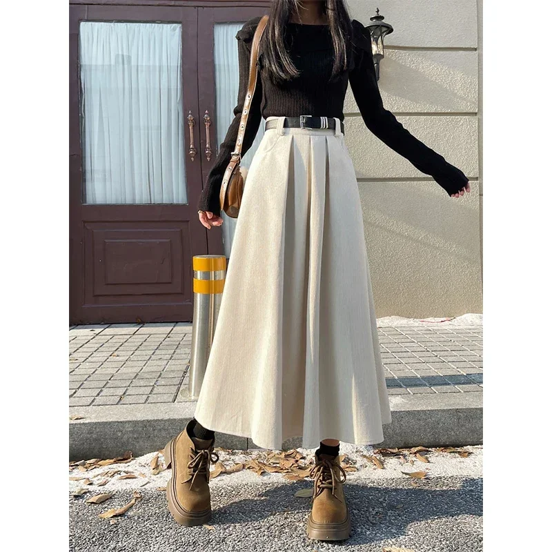 Vintage Belt Corduroy Midi Skirts Women Streetwear Black High Waist Pleated Skirt Winter Ladies Korean All Match A Line Faldas