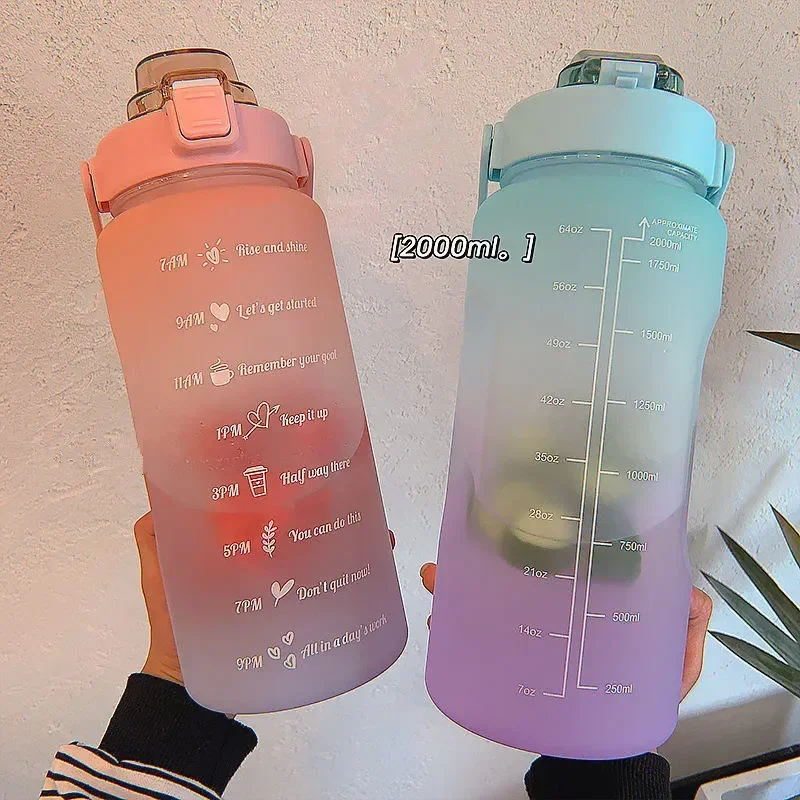 2000ML Sports Water Bottle with Time Marker Leak-proof Cup Motivational Portable Water bottle for Outdoor Sport Fitness BPA Free