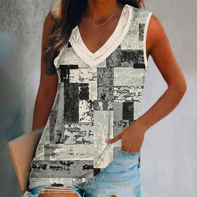 Vintage Geometric Splicing 3D Print Tank Tops Women Streetwear Oversized V-Neck Vest Off Shoulder Sleeveless Woman Camisole