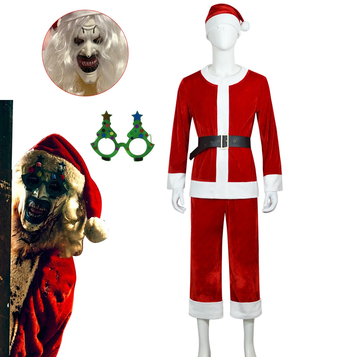 

Movie Terrifiers Clown Cosplay Costume Full Sets Red Santa Claus Uniform for Adult Halloween Carnival Party Clothes Roleplay