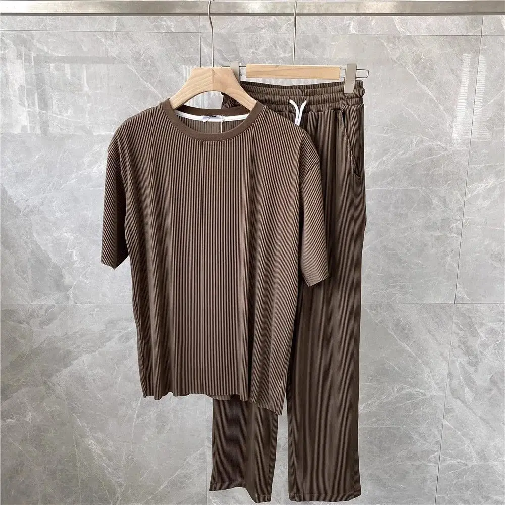 

Summer White Ice Silk Loose Striped Pleated Short-sleeve T-shirt with Fashionable Drape and Cool Long Pants for Casual Men's Set