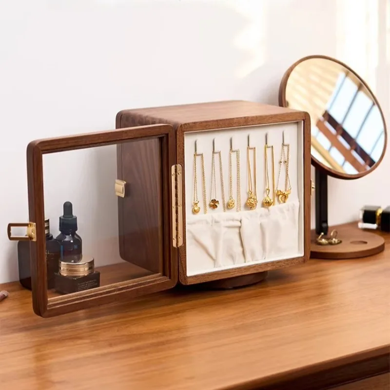Rotating Jewelry Box Solid Wood Creative Exquisite Necklace Ring Jewelry Storage Cabinet Luxury Portable Jewellery Display Case