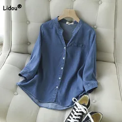 Women's Fashion All-match Denim Shirt 2023 Spring Summer Korean Simplicity 3/4 Sleeve Single-breasted Blouse Female Clothing