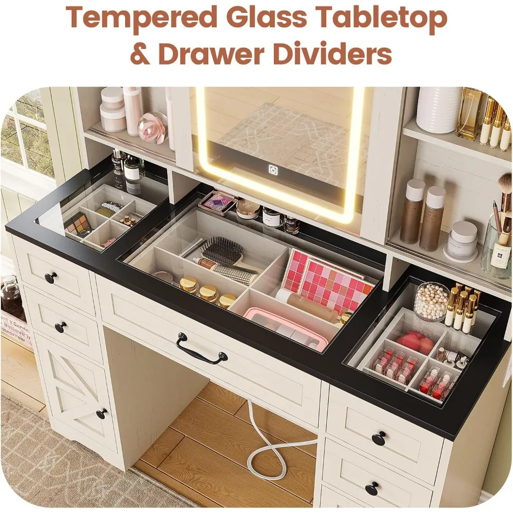 Vanity Desk with Sliding Mirror and Lights, Large Makeup Vanity with Glass Top & Charging Station, Vanity Table Antique White image 4