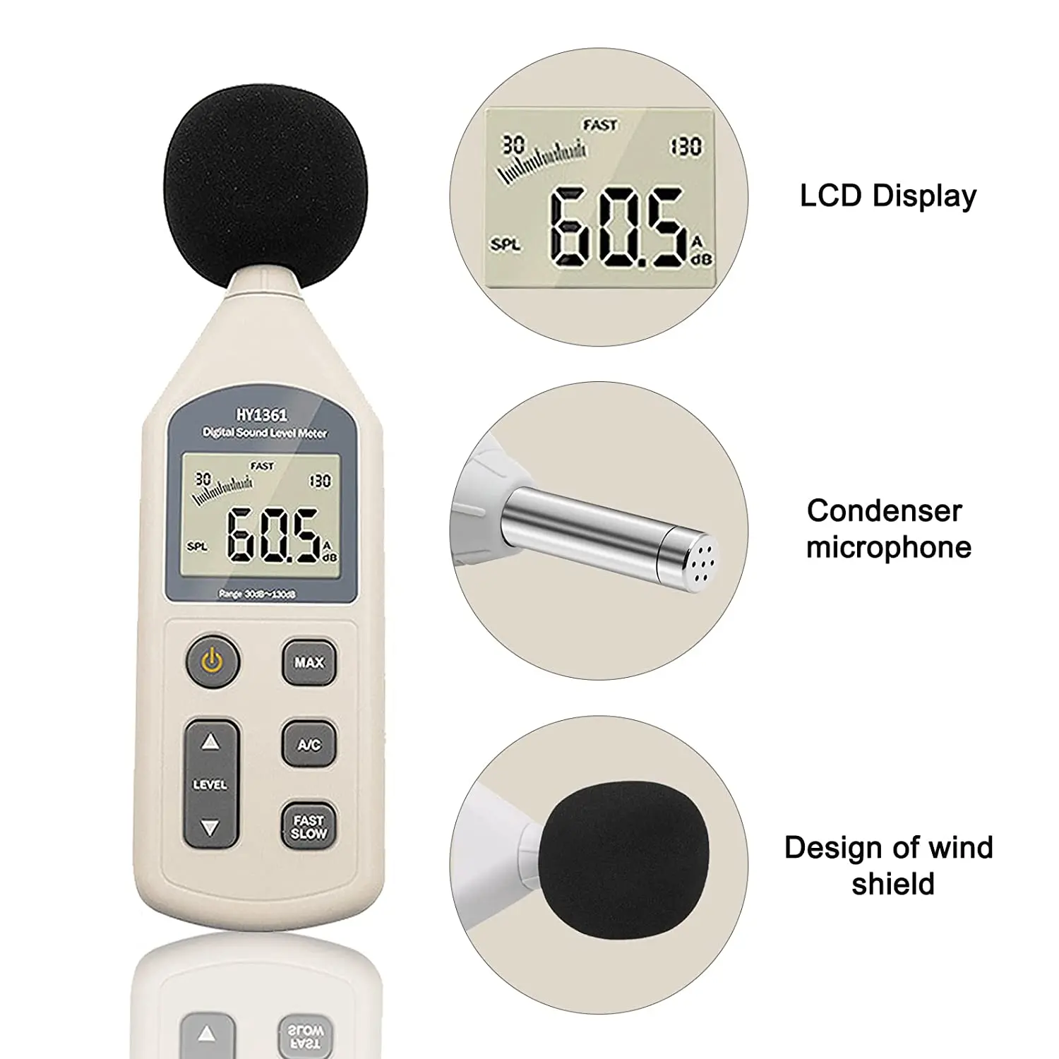 Misuratore di Decibel misuratore di livello sonoro digitale 30-130dB Tester di misurazione del rumore Decibel, valore massimo bloccato, misuratore di rumore acustico LCD