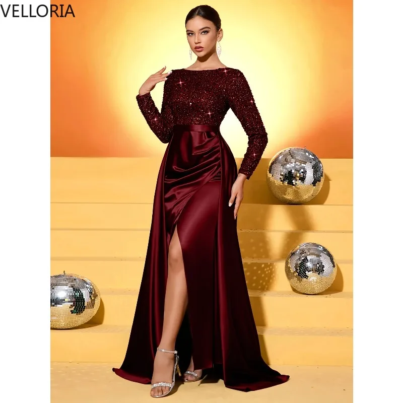 Elegant Burgundy Long Sleeve Party Dress Sequin Top Satin Evening Gown Custom 2025 Ball Gown Vestdos De Fiesta Customized