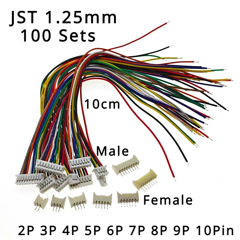 100 Sets Micro JST 1.25mm 2P-10Pin Female + Male Connector Plug with Wire Cable