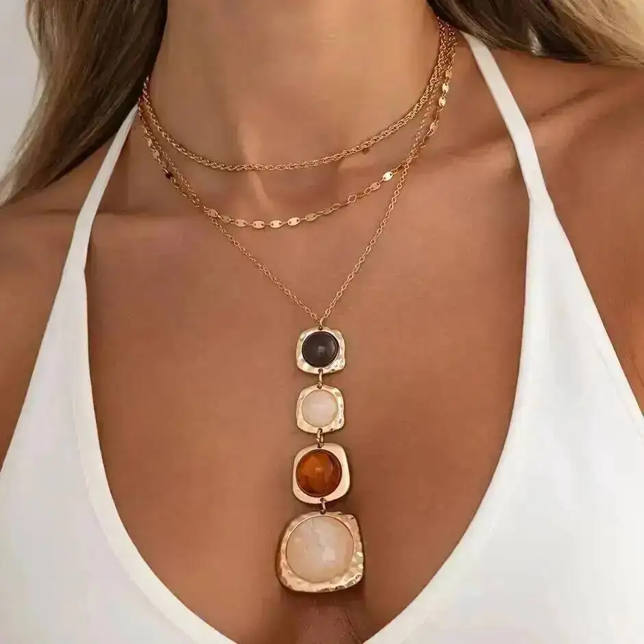 SHIXIN 3Pcs/Set Beige Resin Square Pendant Metal Necklace Women Trend Boho Irregular Geometric Choker Summer Beach Party Jewelry