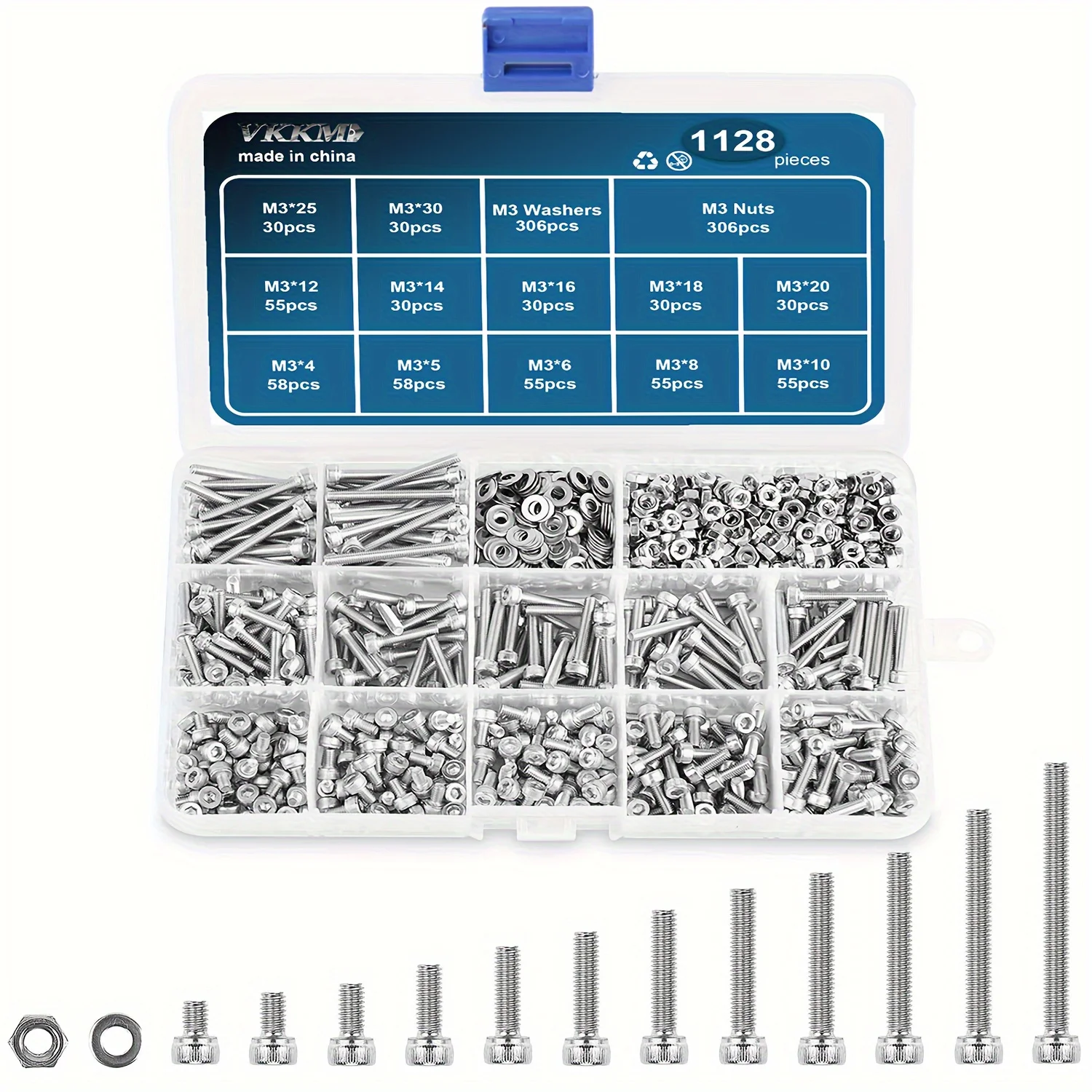 VKKM 1128 pcs Stainless Steel M3 Hex (Allen) Drive Socket Head Cap Bolt Assortment Kit, Screw, Nut & Washer Set, M3