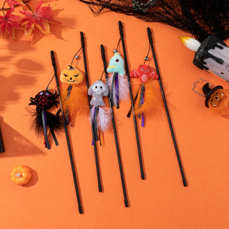 Cat Toy Funny Cat Stick Halloween Pet Toy Pumpkin Ghost Spider Cat Toy Creative Interactive Indoor Toy Gift Pet Holiday Supplies