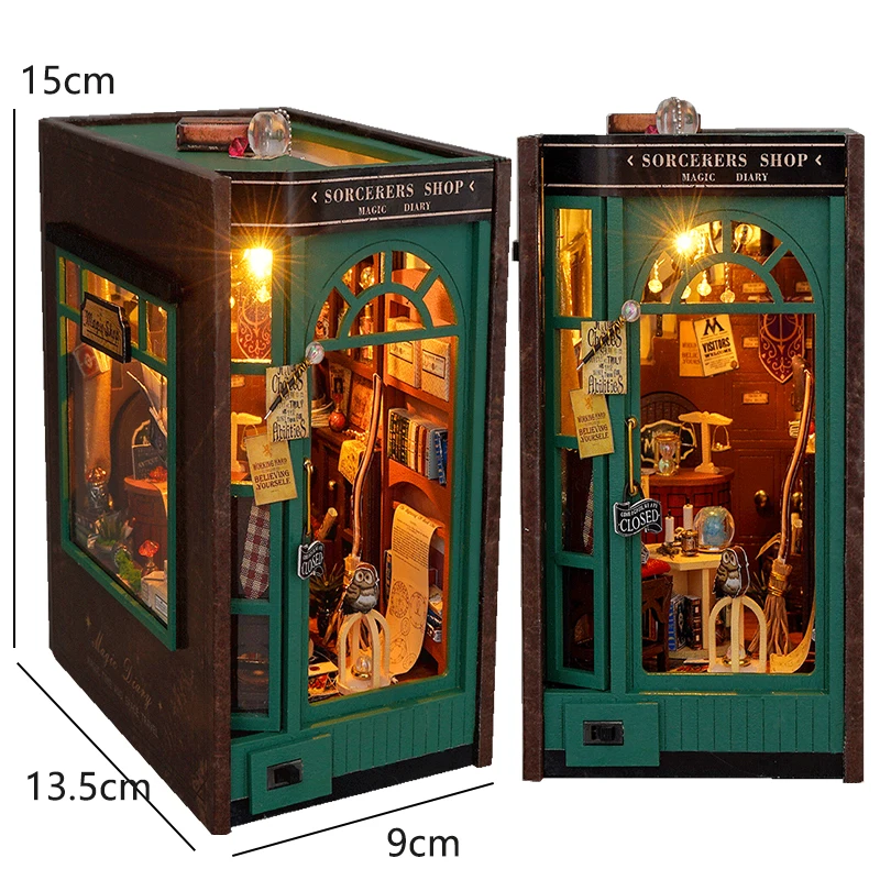 Diy livro nook kit estatuetas de madeira em miniatura casa boneca kit 3d puzzle montagem estante inserção decoração brinquedos para presentes natal